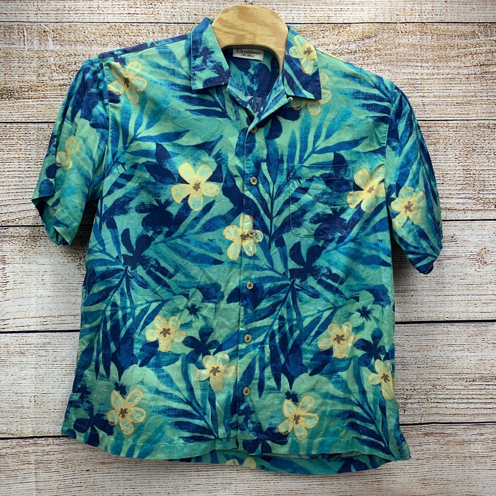 Caribbean Silk Blend Hawaiian‎ Shirt Floral Print Short Sleeve [Size XL]